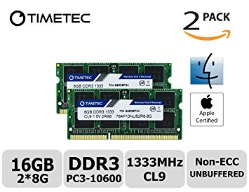 Timetec Hynix IC Apple 16GB Kit (2x8GB) DDR3 1333MHz PC3-10600 SODIMM Memory Upgrade For MacBook Pro 13-inch /15-inch /17-inch Early/Late 2011, iMac 21.5-inch Mid/Late 2011,27-inch Mid 2010/2011, Mac Mini Mid 2011/Server (16GB Kit (2x8GB))