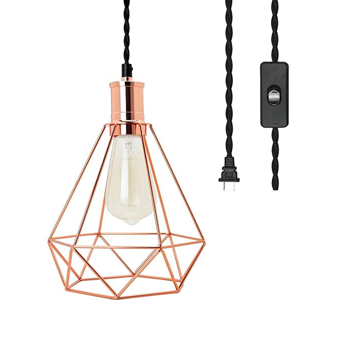 Metal Cage Pendant Light with 14.8 Ft Plug in Cord Vintage Hanging Pendant Lamps with On/Off Switch for Dining Room Bedroom Loft - Rose Golden