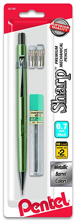 Pentel Sharp Mechanical Pencil, 0.7mm Metallic Barrels, Refill Eraser (P207MLEBP)[Assorted color])