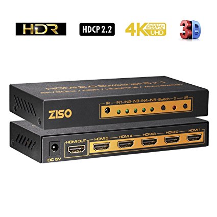 ZISO 4K HDMI 2.0 Switcher, 5 in 1 out , Quality 4K/60Hz 4:4:4 HDR HDCP2.2 3D(HD-SW5A)