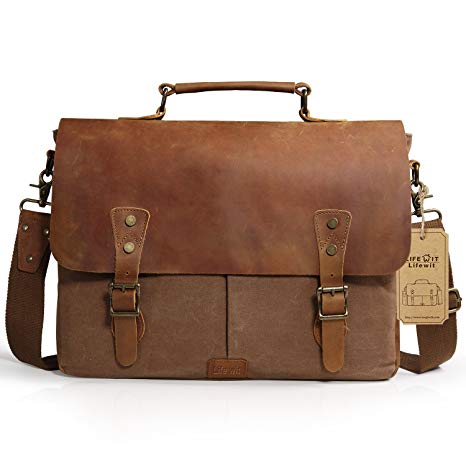 Lifewit 14-15.6 Inch Leather Satchel Messenger Laptop Shoulder Bag Canvas Briefcase (15.6'' Coffee)