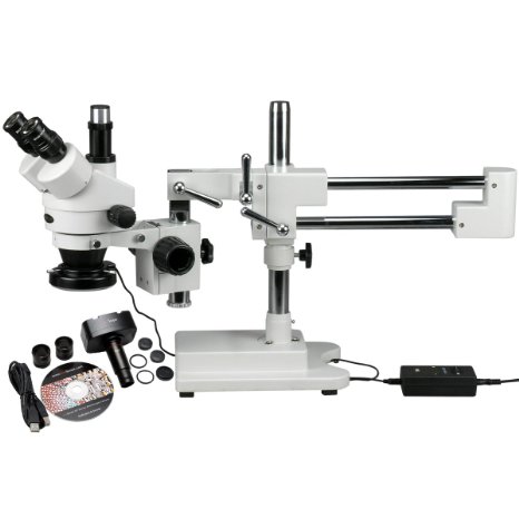 AmScope SM-4TZ-144-5MT Trinocular Stereo Microscope, WF10x Eyepieces, 3.5X-90X Magnification, 0.7X-4.5X Objective Power, 0.5X and 2.0X Barlow Lenses, 144-Bulb Ring-Style LED Light Source, Double-Arm Boom Stand, 110-240V, Includes 5MP Camera and Software