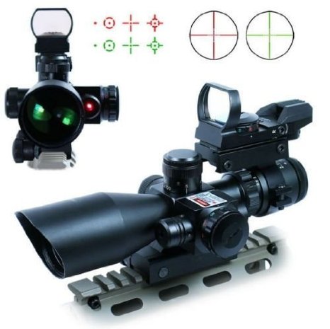 UUQ® 2.5-10x40 Clarity  Tactical Rifle Scope Dual Illuminated Mil-dot with Red Laser, Rail Mount and 4 Reticle Red and Green Dot Open Reflex Sight with Weaver