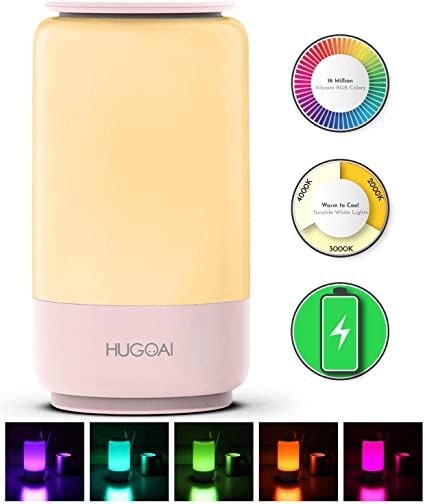 Cordless Table Lamps for Bedrooms, HUGOAI Rechargeable Lamps for Bedroom, Dimmable Bedside Lamp Battery Operated, Night Lights with Shades of White Lights and Vibrant RGB Colors, Pink