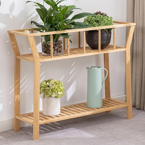 Nnewvante Bamboo Shelf Table 2 Tiers Tall Window-sill Plant Pot Organizer Holder Sofa Side Table for Indoor Living Room Entryway 37.4"x11"