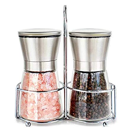 Grizzly Premium Stainless Steel Glass Body Salt and Pepper Grinder with Adjustable Ceramic Mechanism and Stainless Steel Holder(Silver)