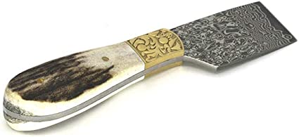 Baver Damascus Blade Cutting Knife Leather Craft Real Horn Handel Skiver Cutter Tool (Stag Horn Handle)