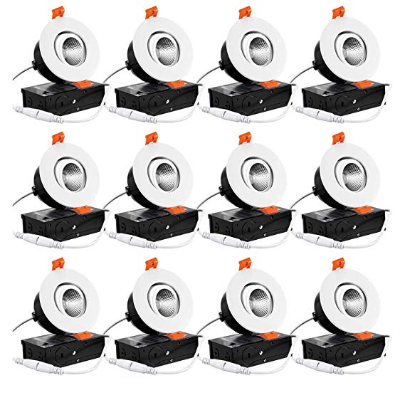 TORCHSTAR 12-Pack 3 Inch Gimbal LED Dimmable Recessed Light with J-Box, 7W (50W Eqv.) 500lm, Airtight, ETL/Energy Star/JA8/Title 24, CRI 90 , 3000K Warm White, 5 Years Warranty, White