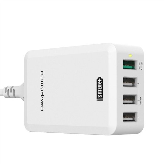 Quick Charge 2.0 RAVPower 40W 4-Port USB Quick Charger with iSmart for Galaxy S7/S6/Edge/Plus, Note 5/4, LG G4/G5, Nexus 6 and more (White)