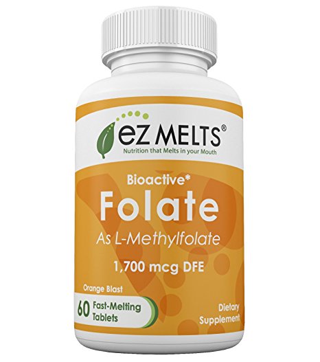 EZ Melts Folate as Methylfolate, 1,700 mcg DFE, Sublingual Vitamins, Vegan, Zero Sugar, Natural Orange Flavor, 60 Fast Dissolve Tablets