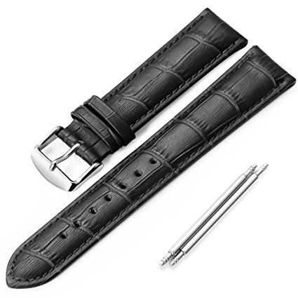 Leather Watch Strap iStrap Aligator Grain Replacement Watch Band 18mm 19mm 20mm 21mm 22mm Silver Pin buckle Soft Bracelet -Black Brown