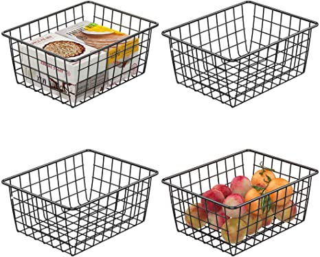 Wire Basket, Cambond 4 Pack Wire Storage Baskets Durable Metal Basket Pantry Organizer Storage Bin Baskets for Kitchen Cabinets, Pantry, Bathroom, Countertop, Closets (Black)