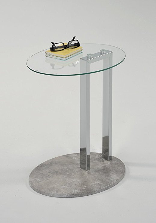 Tempered Oval Glass Top / Cement Grey Base Chrome Modern Side End Table