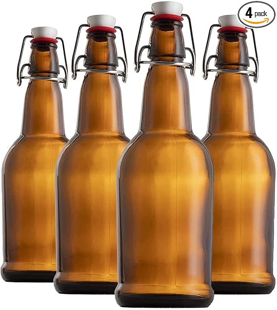 Chef's Star 16 Oz Empty Beer Bottles, Swing Top Glass Bottles, Flip Top Glass Bottle with Caps, Fermentation Home Brewing Kombucha Beer and Coquito, Amber, Set of 4