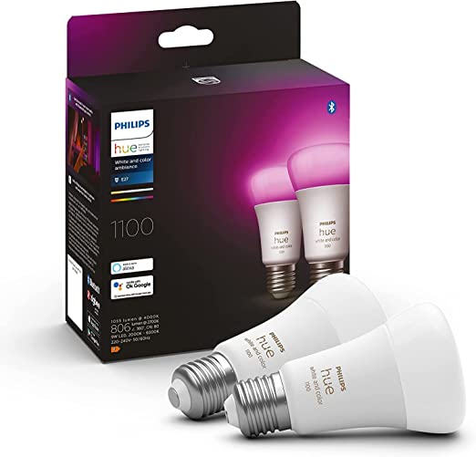 Philips Hue White and Colour Ambiance Smart Light Bulb 75W - 1100 Lumen (E27 Edison Screw) with Bluetooth. Works with Alexa, Google Assistant and Apple Homekit, 2 Count (Pack of 1)