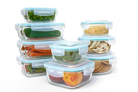 Glass Food Storage Container Set - 18 Piece Set (9 containers, 9 lids) with Easy Snap Lids by Western Ridge Products