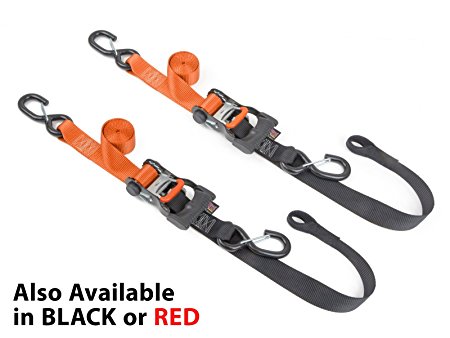 1½" x 6½ft PowerTye Made in USA Ergonomic Locking Ratchet Soft-Tye Tie-Downs with Heavy-Duty Latch Hooks, Orange/Black (pair)