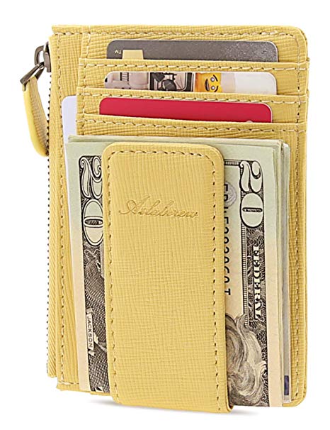 AslabCrew Minimalist Genuine Leather Zipper Magnetic Front Pocket Money Clip Wallet RFID Blocking Card Wallets