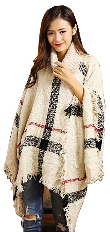 Bellady Women's High Collar Batwing Tassels Poncho Cape Winter Knit Sweater Cloak