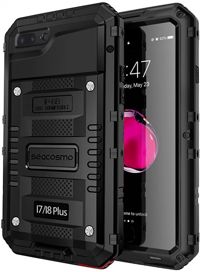 iPhone 7 Plus Waterproof Case, Seacosmo Full Body Protective Shell with Built-in Screen Protector Military Grade Rugged Heavy Duty Case Cover for iPhone 8 Plus/iPhone 7 Plus, Black