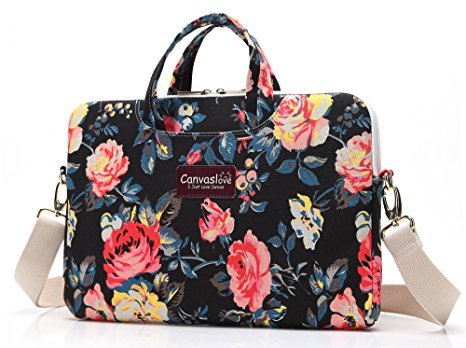 Canvaslove Rose Pattern Canvas Laptop Shoulder Messenger Bag Case Sleeve 15 inch for 14 Inch 15.6 Inch Laptop Macbook Pro 15 Case Laptop Briefcase 15.6 Inch