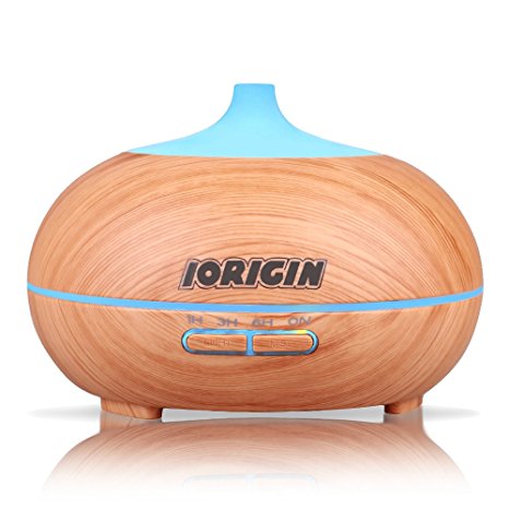 IORIGIN Aroma Essential Oil Diffuser,300ml Wood Grain Ultrasonic Humidifier with Color LED Lights&Time Setting,Waterless Auto Shut-Off,Portable for Home Bedroom Office Yoga Spa