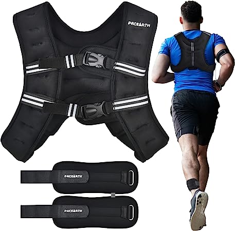 PACEARTH Weighted Vest with Ankle/Wrist Weights 6lbs-30lbs Body Weight Vest with Reflective Stripe, Size-Adjustable Workout Equipment for Strength Training, Walking, Jogging, Running for Men Women