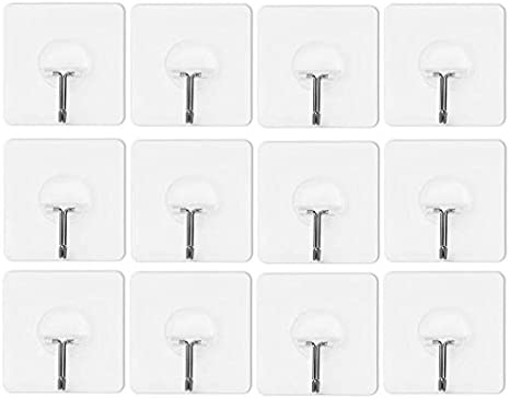 Wall Hooks Self Adhesive Wall Hanging Hooks Stick On Hooks Ceiling Hanger Damage Free Hanging, Reusable Waterproof OilProof for Home, Bathroom, Kitchen, Refrigerator Door, Keys, Bags (Clear, 12 Pack)