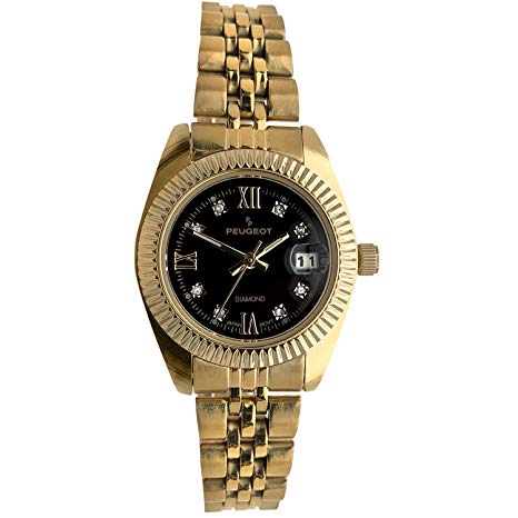 Peugeot Women's Diamond Watch Fluted Bezel Luxury 14K Plated Steel Bracelet Watch with Date Window