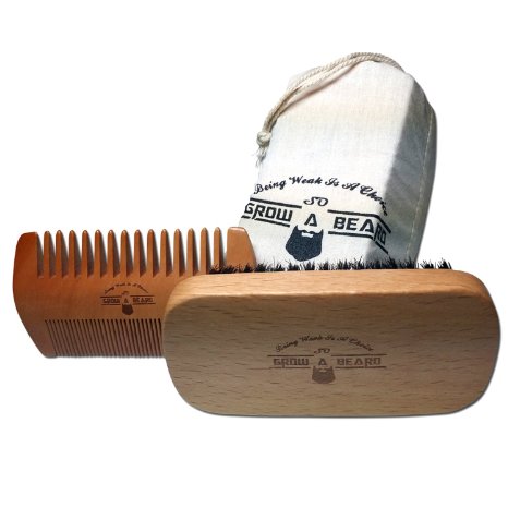 GrowABeard-Beard Brush and Comb Set for Men - Friendly Cotton Bag - Best Bamboo Beard Kit for Home and Travel - Great for Dry or Wet Beards - Adds Shine and Softness to Your Healthy and Cool Beard.