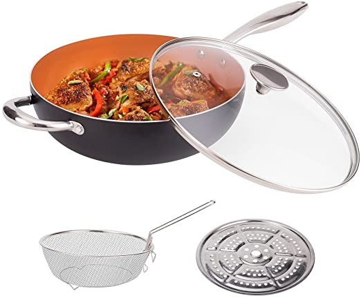 MICHELANGELO Non Stick Woks with Lid, Frying Basket & Steam Rack, 28 cm Ceramic Wok Pans, Copper Deep Fry Pan, Induction Compatible, 28 cm