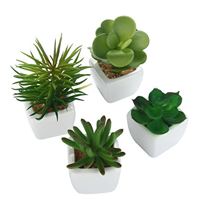 niceEshop(TM) Set of 4 Modern White Ceramic Mini Potted Artificial Succulent Plants