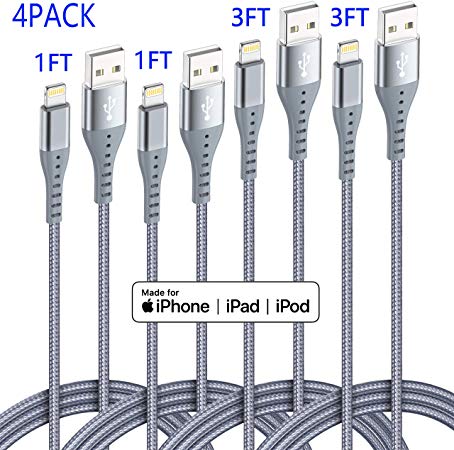 XnewCable 4Pack(1ft 1ft 3ft 3ft) Lightning Cable iPhone Charger Apple MFi Certified Nylon Braided Long Fast USB Cord Compatible for iPhone 11Pro MAX Xs XR X 8 7 6S 6 Plus SE 5S 5C (Light Gray)