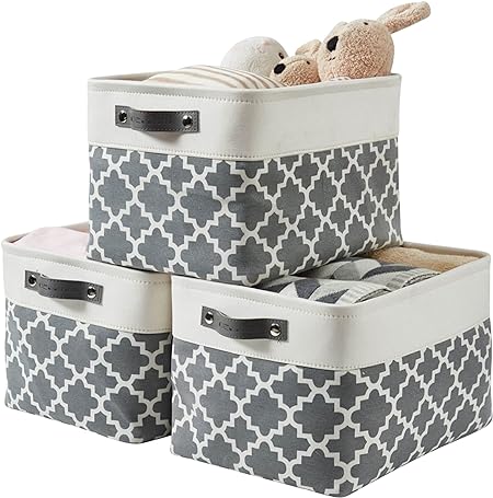 DECOMOMO Storage Bins | Fabric Storage Basket for Shelves for Organizing Closet Shelf Nursery Toy | Decorative Large Linen Closet Organizers with Handles Cubes (Grey Pattern, Large - 3 Pack)