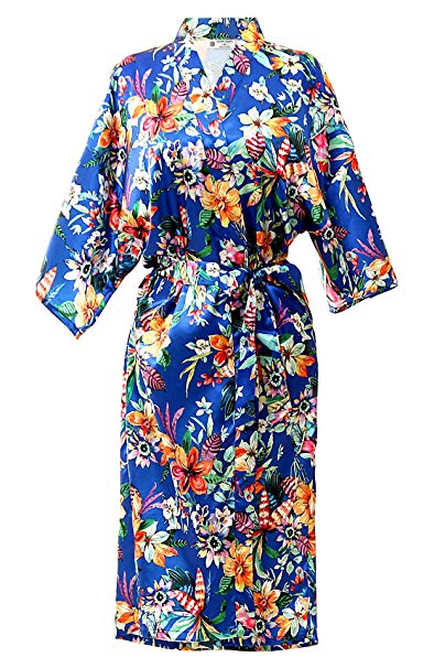 NORA TWIPS Women's Kimono Long Robe Floral Satin Dressing Gown (S-2XL)