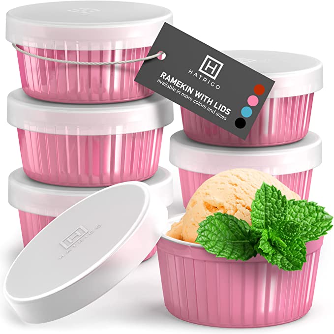 Hatrigo Porcelain Ramekins with Silicone Storage Lids, Set of 6 Pink Ramekins, Ramekins 4 oz Oven Safe, 450 deg F, Dishwasher Safe