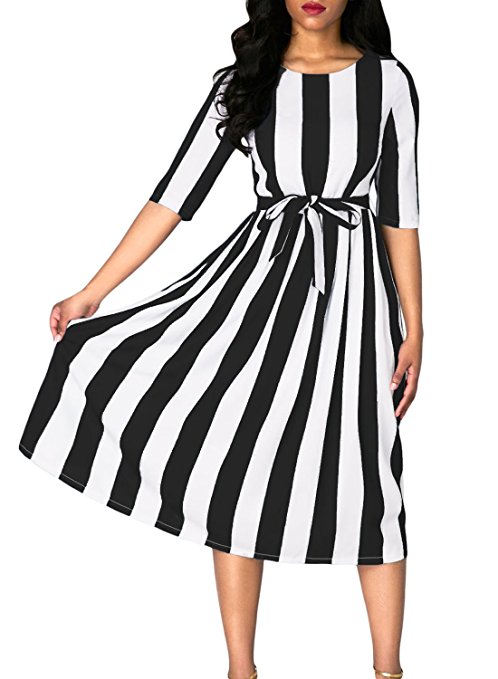 Dokotoo Womens Summer Casual Stripe Print Half Sleeve Belted Midi A Line Dresses