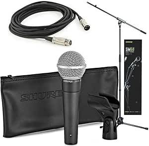 Shure SM58 Quality Bundle with SM58 Cardioid Dynamic Vocal Microphone, 15' XLR Cable, Mic Stand, A25D Mic Clip and Storage Bag, Perfect for Onstage or Studio (SM58-KM-SOM)