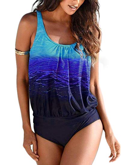 Actloe Women Printed Two Pieces Tankini Swimsuit with Triangle Bottoms Bathing Suits