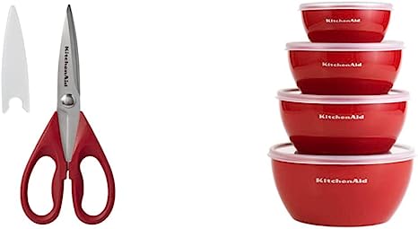 KitchenAid All Purpose Shears with Protective Sheath, 8.72-Inch, Red & Classic Prep Bowls with Lids, Set of 4, Empire Red