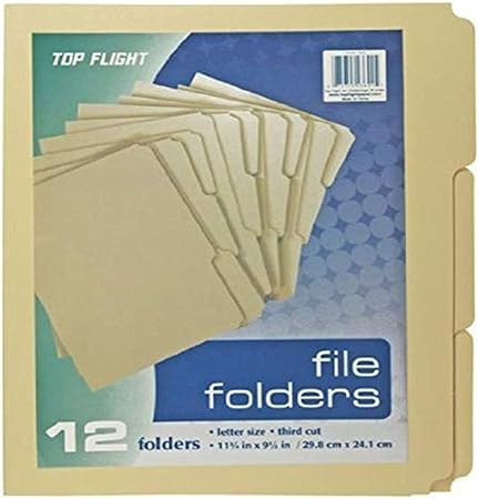 Top Flight E-Z File Folders, 9.5 x 12 Inches, 9.5 Point, Manila, Third Cut, Set of 12 Folders (4611414)