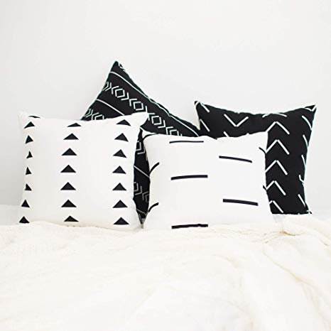 HOMFINER Mudcloth Inspired Decorative Throw Pillow Covers Set for Couch, Bed, Sofa or Bedroom 100% Cotton Canvas Black and White 18 x 18 inch Set of 4
