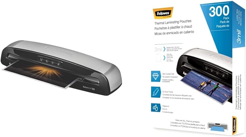 Fellowes Saturn 3i 125 Thermal Laminator Machine with Self-Adhesive Laminating Pouch Starter Kit, 12.5 inch & Thermal Laminating Pouches, Letter Size Sheets, 3mil, 300 Pack, Clear (5247101)