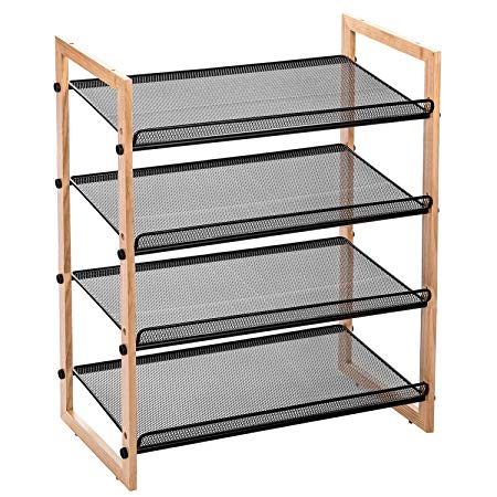 MaidMAX Metal Shoe Rack for Closets, Flat & Slant Adjustable, Entryway Shoe Organizer Wooden Frame, Stackable, 4 Tiers