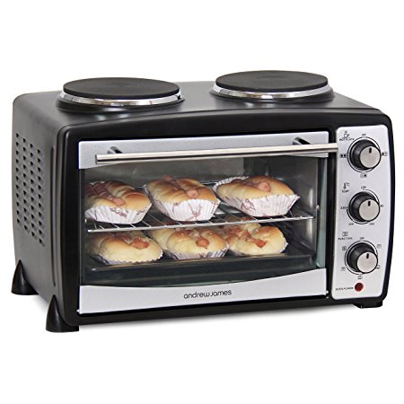 Andrew James Mini Oven with Grill and Double Hot Plates, 2900 Watts, 24 Litre Fast Heating Toaster Oven, Max Temp 230°C for Roasting, Baking, Grilling & Reheating, 5 Cooking Functions, Includes Grill Rack & Baking Tray, Black