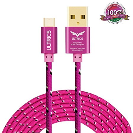 Micro USB Cable ULTRICS® Nylon Braided Charger Cable 10ft / 3M Tangle Free Sync Charge USB Android Charger Lead for Samsung Galaxy, Sony, Nokia, Microsoft, HTC, Motorola, Kindle, Nexus, Huawei, LG, Xiaomi, OPPO - Lifetime Warranty, Money back Guarantee - Hot Pink