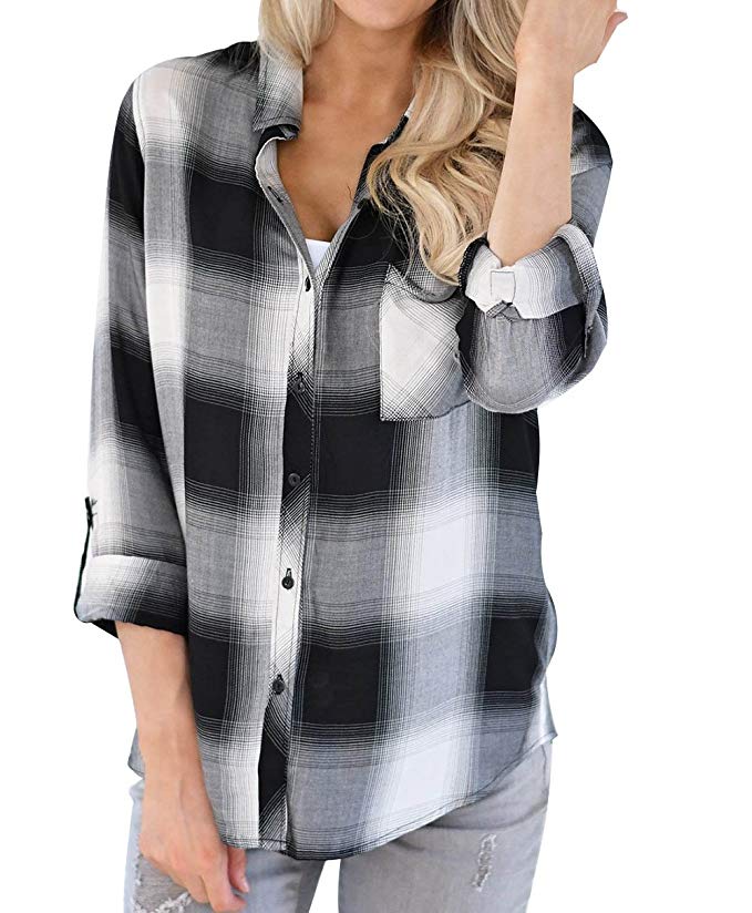 Grace Elbe Women's Flannel Collared Long Sleeve Plaid Shirt
