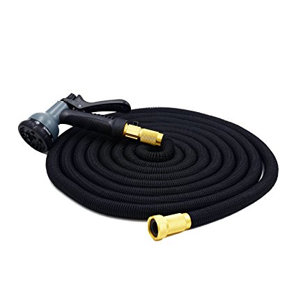 HappyHomey Expandable Garden Hose 50 & 100 Feet With Strongest Triple Core Latex & Solid Brass Fittings 8 Pattern Spray Nozzle USA Standard Expending Kink Free Easy Storage Best Flexible (50ft)