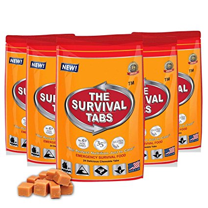 Survival Tabs - 10-Day Food Supply-Emergency Survival Food MRE for Camping Biking, Disaster Preparedness Gluten-Free Non-GMO 25 Years Shelf Life (5 pouches x 24 tablets = 120 Tablets/Butterscotch)