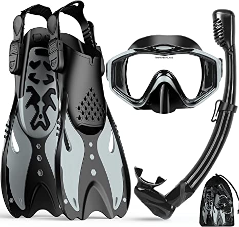 KUYOU Snorkel Set with Wide View Diving Mask, Dry Top Snorkel, Swim Fins Flippers in Carry Mesh Bag, Anti-Fog Anti-Leak Travel Snorkeling Gear for Men Women Adult & Kids